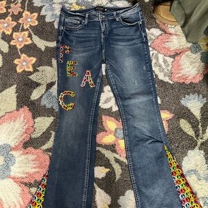 Refuge Peace Embroidered flare Blue Jeans